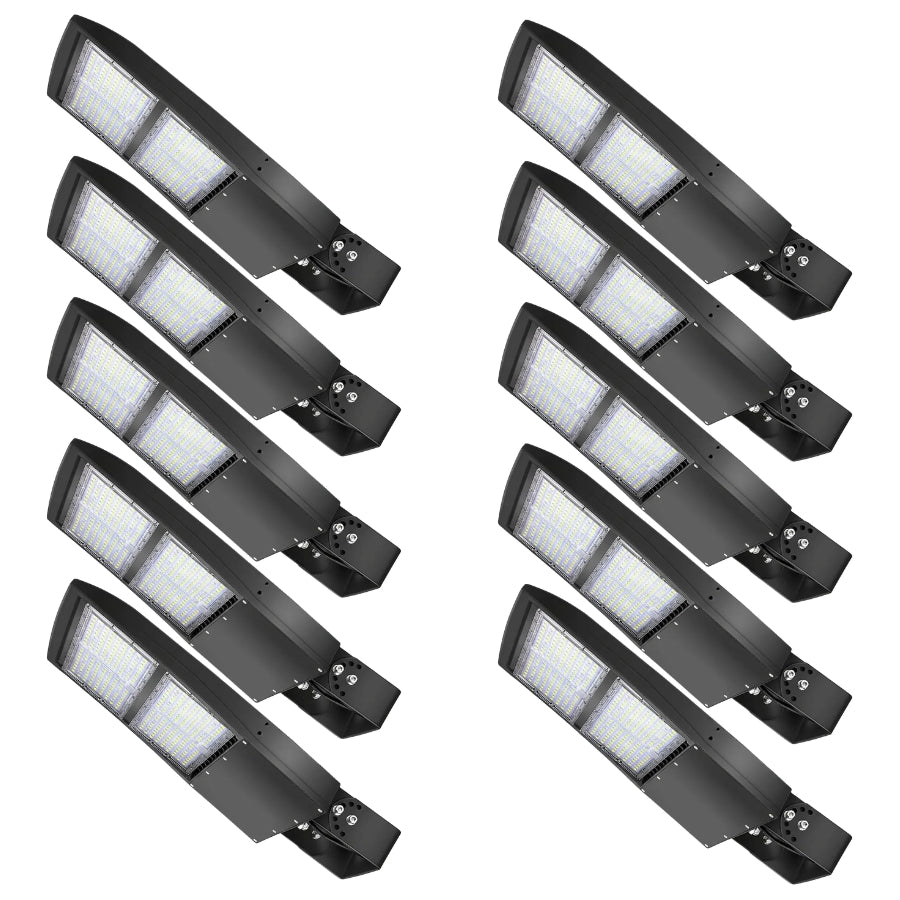 Bulk selectable LED parking lot lights with yoke mounts for large commercial parking lot lighting projects