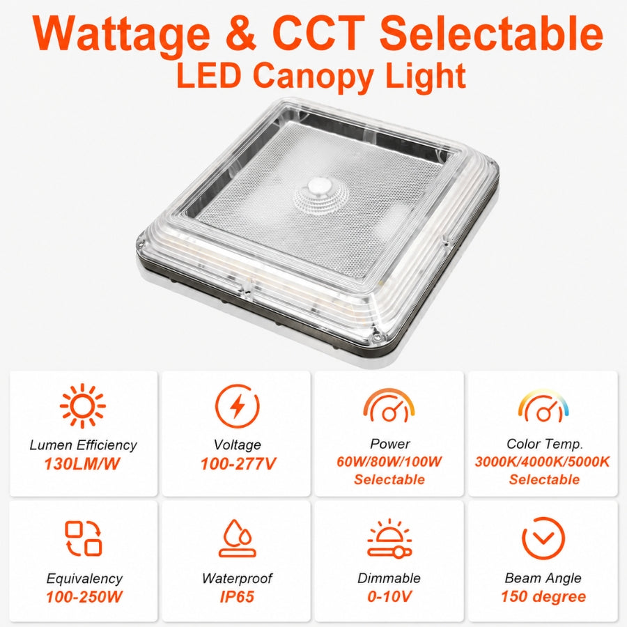 Square LED canopy light with a clear protective cover and visible internal LED strip, shown on a light gray background with orange text reading 'Wattage & CCT Selectable LED Canopy Light' and a row of feature icons below.