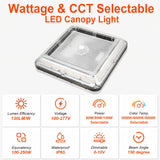 Square LED canopy light with a clear protective cover and visible internal LED strip, shown on a light gray background with orange text reading 'Wattage & CCT Selectable LED Canopy Light' and a row of feature icons below.