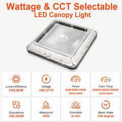 Square LED canopy light with a clear protective cover and visible internal LED strip, shown on a light gray background with orange text reading 'Wattage & CCT Selectable LED Canopy Light' and a row of feature icons below.