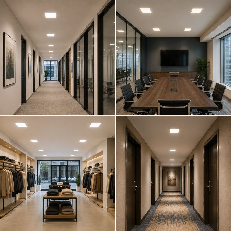 Square LED recessed ceiling lights installed in office, conference room, retail store, and hotel hallway applications