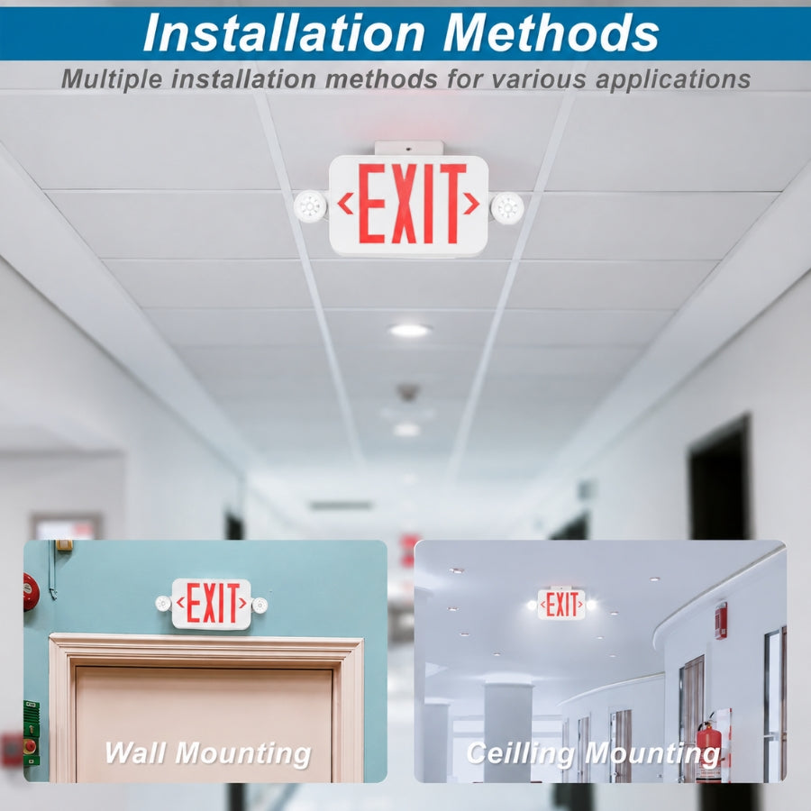 An informational installation-Methods graphic showing a ceiling-mounted red EXIT sign in a hallway, with two inset examples at the bottom labeled Wall Mounting and Ceiling Mounting. commercial exit sign at upgradetoled.com