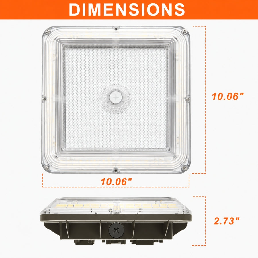 A square LED light fixture shown with dimension annotations: a top-down view labeled 10.06 inches by 10.