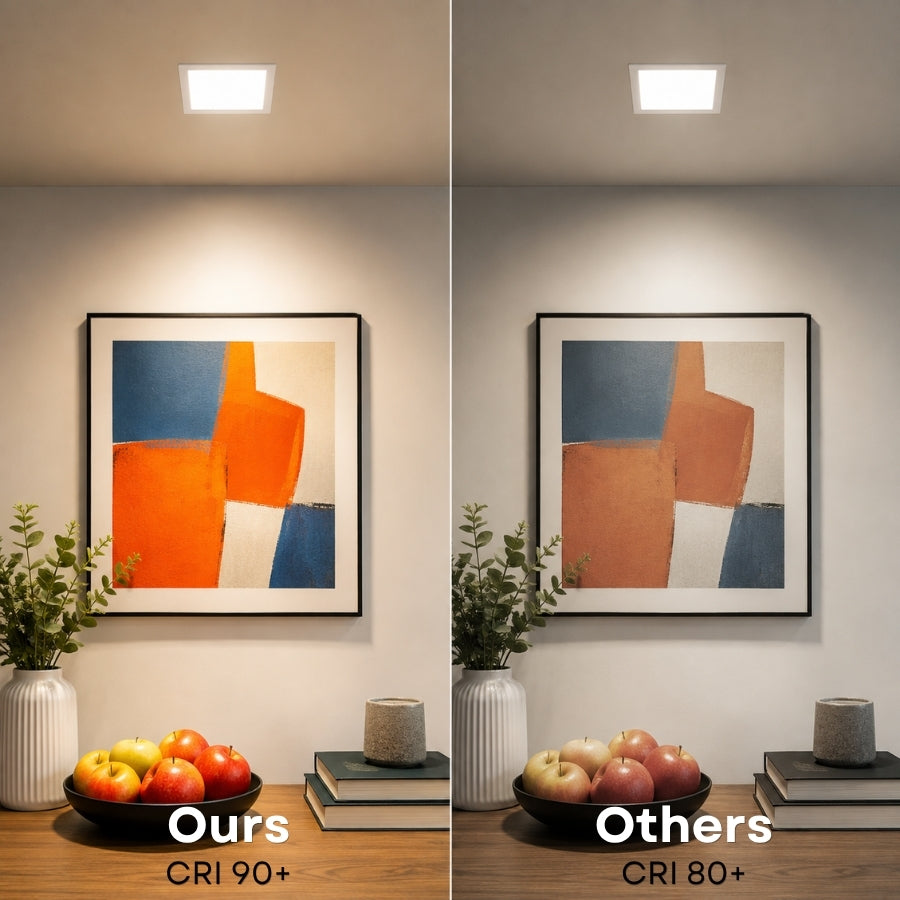 6-inch square LED recessed downlight demonstrating high color rendering with CRI 90+ illumination