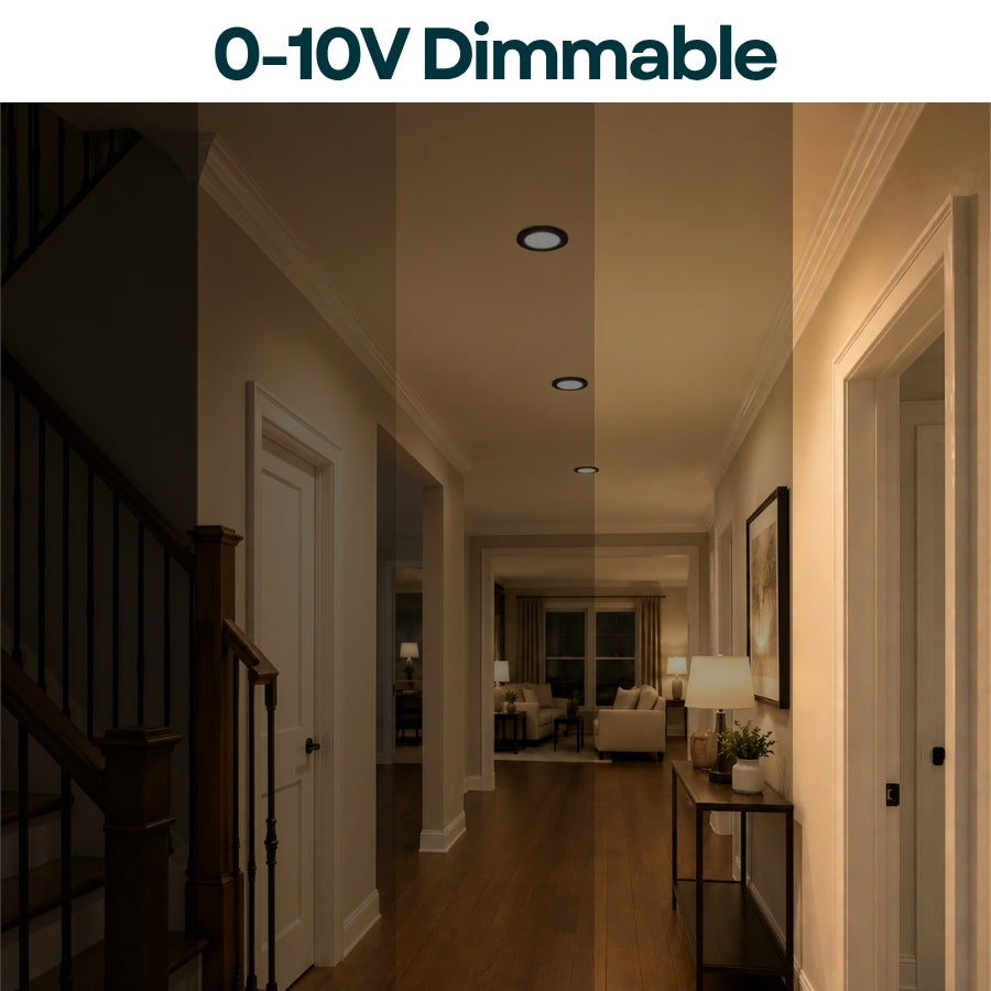 A dimmable recessed ceiling light shown installed in a hallway, with a vertical gradient overlay illustrating the light level shifting from very dark to warm illuminated. The text '0-10V Dimmable' appears at the top.