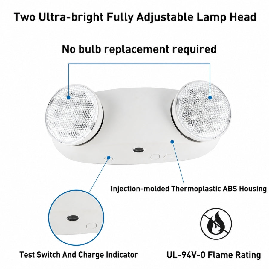 White dual-head emergency exit light with text callouts reading 'Two Ultra-bright Fully Adjustable Lamp Head,' 'No bulb replacement required,' 'Injection-molded Thermoplastic ABS Housing,' 'Test Switch And Charge Indicator,' and 'UL-94V-0 Flame Rating,' plus a circular inset showing the test switch.