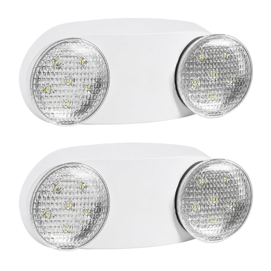 Two white emergency exit wall lights with clear prismatic lenses, shown on a plain white background.