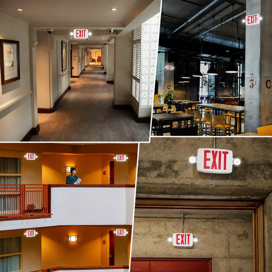 A collage of four photos showing illuminated EXIT signs installed in different interior settings: a hotel hallway, a restaurant or lounge interior, a hotel room balcony area, and a rustic concrete wall doorway. The signs are white rectangular with red EXIT text and built-in light bulbs.