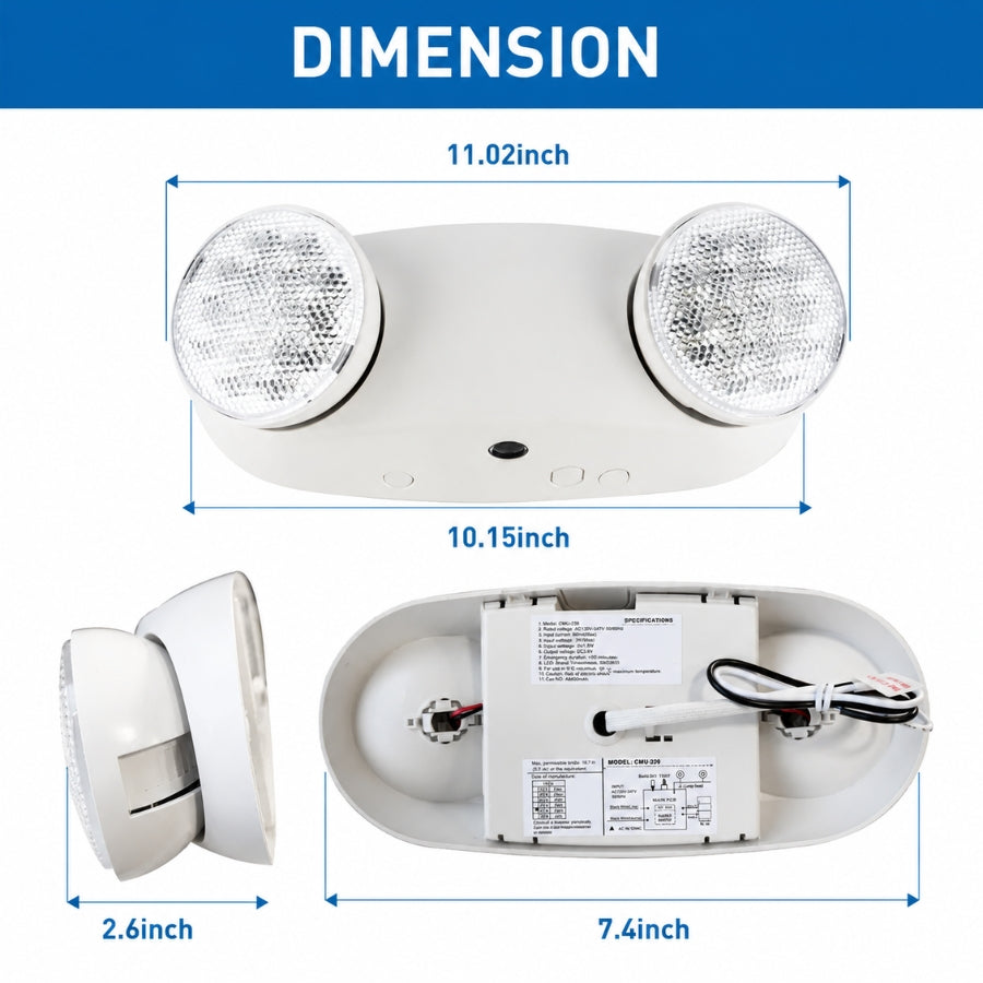 A dimension diagram of a white emergency exit light fixture showing front, side, and back measurements with blue measurement lines and text labels on a white background with a blue header.