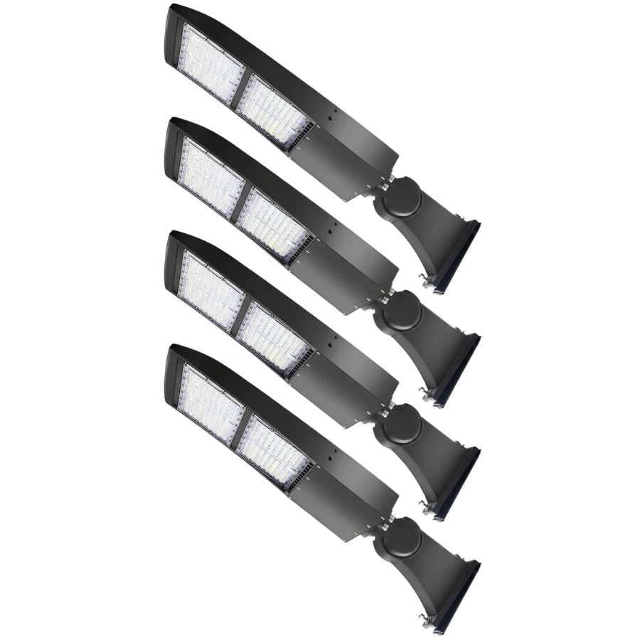 Four-pack of 300W LED parking lot lights with arm mounts for commercial outdoor area lighting