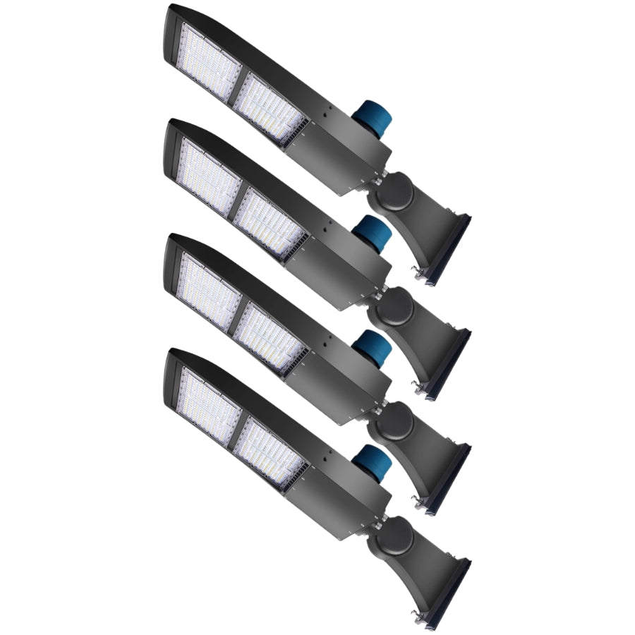 Four-pack of LED parking lot lights with arm mounts for commercial outdoor lighting