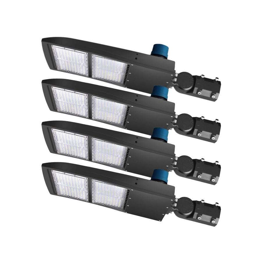 Four-pack of LED parking lot lights with slip fitter mounts for commercial outdoor lighting