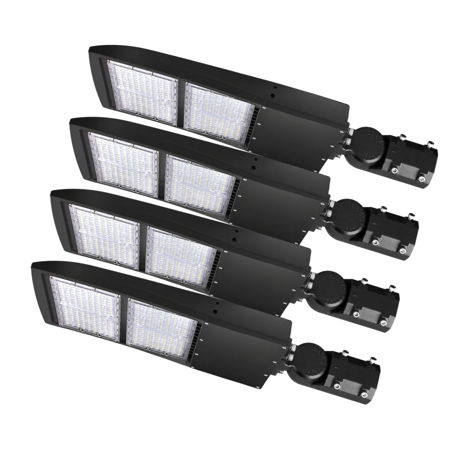 Four-pack of 200W 240W 300W selectable LED parking lot lights with slip fitter mounts