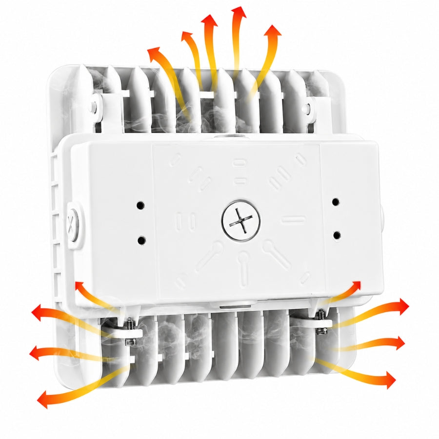 White electronic heat sink or ventilation component with red and orange airflow arrows indicating cooling, on a plain white background.