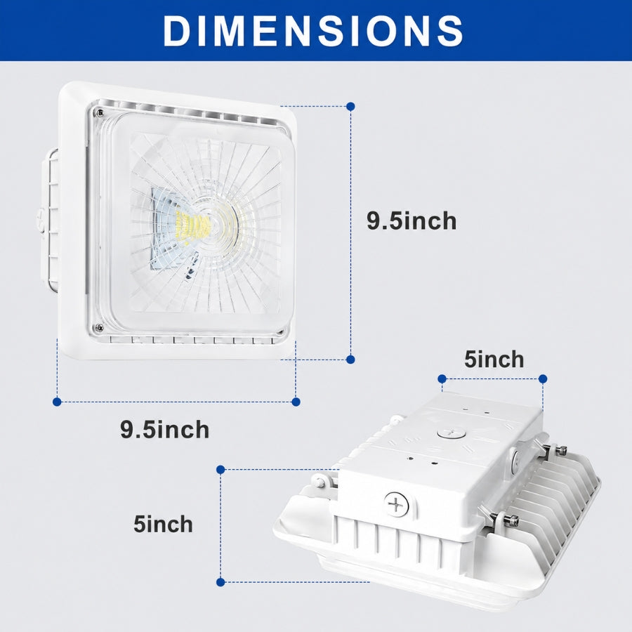 A dimension diagram of a square gas station canopy light bulbs showing both front and back views with labeled measurements: 9.5 inch by 9.