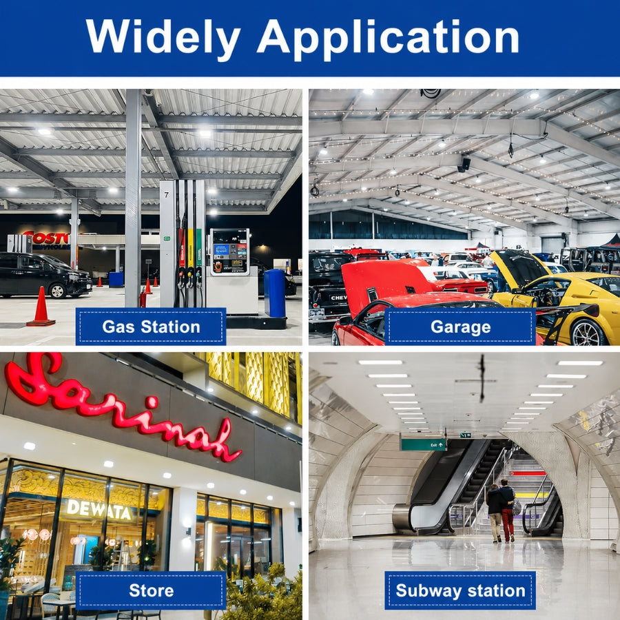 A 2x2 promotional collage with the headline 'Widely Application' at the top. The four panels show real-world locations: a gas station, a car garage with sports cars, a storefront labeled 'Store', and a subway station.