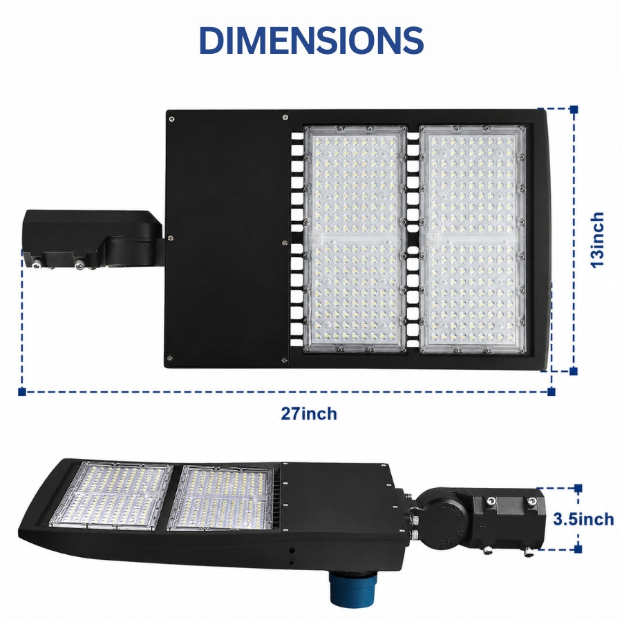 LED parking lot light showing 27-inch fixture length and 13-inch fixture height