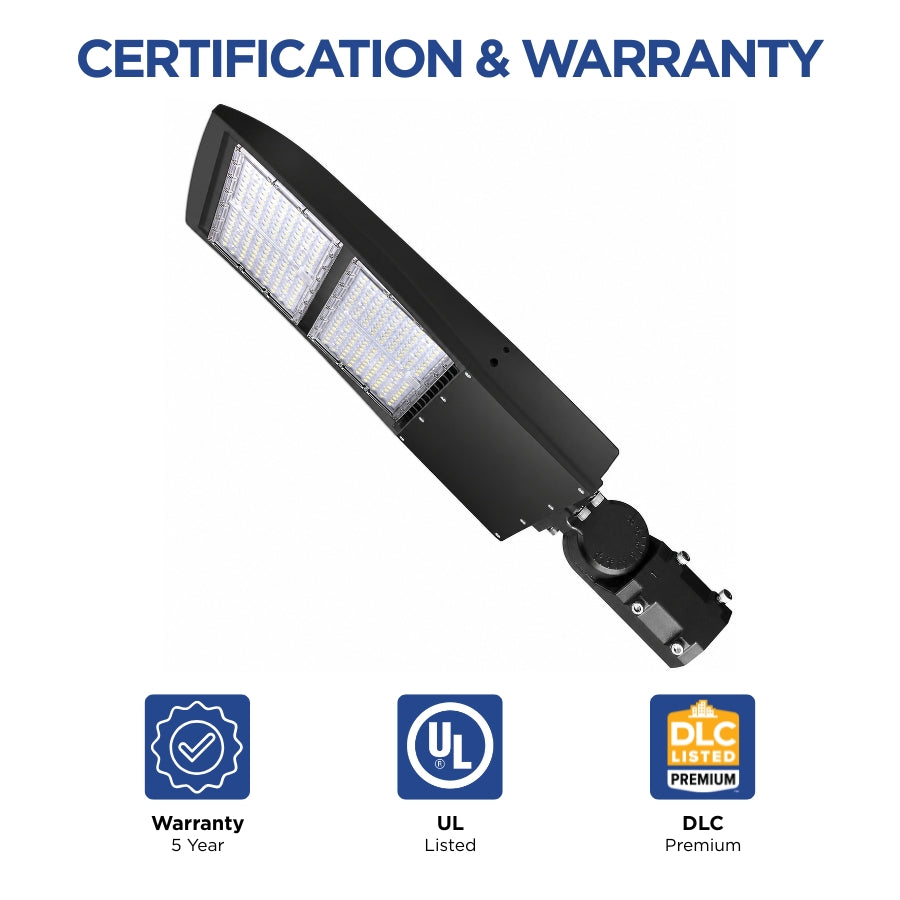 Selectable LED parking lot light with UL Listed certification, DLC Premium certification and 5-year warranty