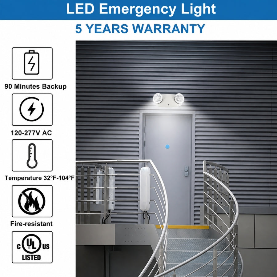 An LED emergency exit light mounted above a gray door in a metal building, with product feature icons and text on the left including 90 minutes backup, 120-277V AC, temperature range, fire-resistant, and UL listed.