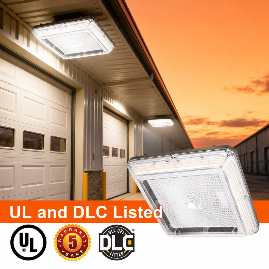 Square outdoor LED light fixture shown in a real-world garage setting at dusk, with an enlarged product cutout in the foreground and text reading 'UL and DLC Listed' plus certification logos.