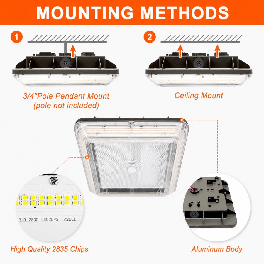 An informational diagram titled 'MOUNTING METHODS' showing two ways to mount a square LED light fixture: 3/4 pole pendant mount and ceiling mount. The center shows the clear and black square fixture, with callout circles highlighting high-quality 2835 chips and the aluminum body.
