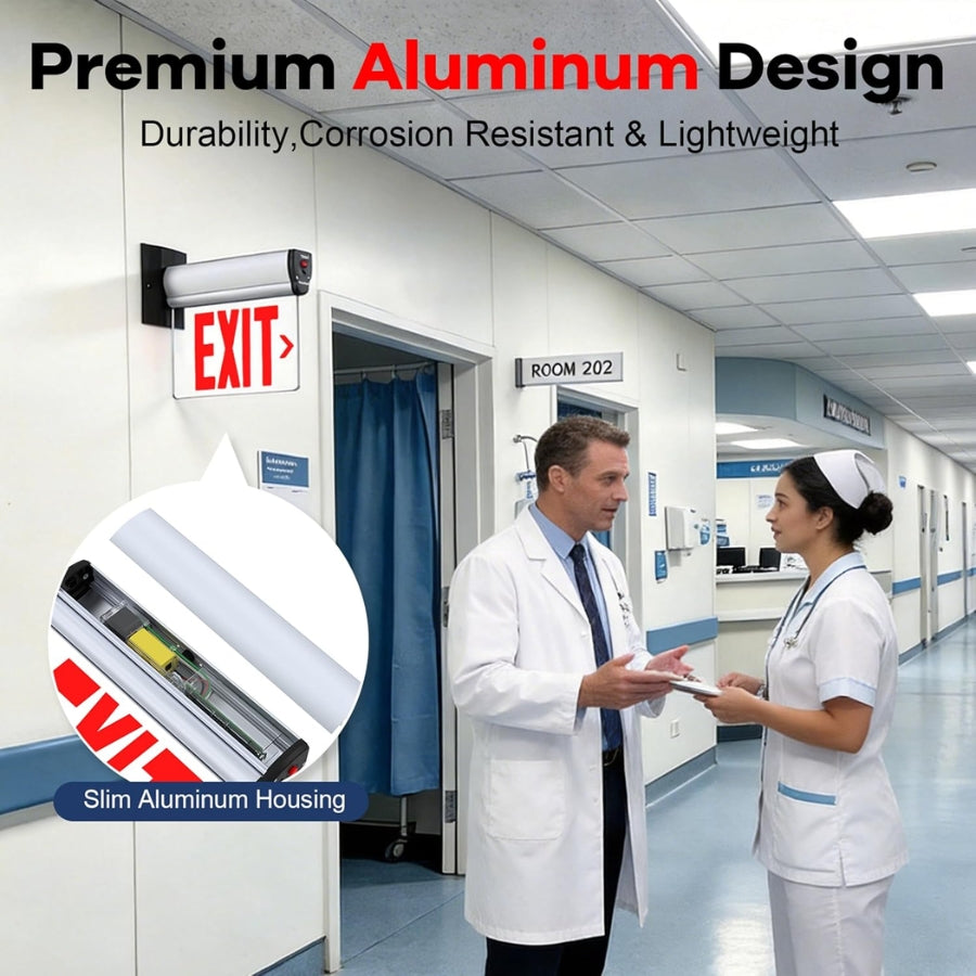A wall-mounted aluminum exit sign shown in a hospital corridor, with two healthcare workers standing nearby. The image includes marketing text reading 'Premium Aluminum Design' and a circular inset showing the slim aluminum housing.