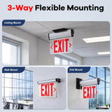 A promotional graphic for a 3-way flexible exit sign mounting system, showing three installation options: ceiling mount, wall mount, and end mount. The top text reads '3-Way Flexible Mounting.
