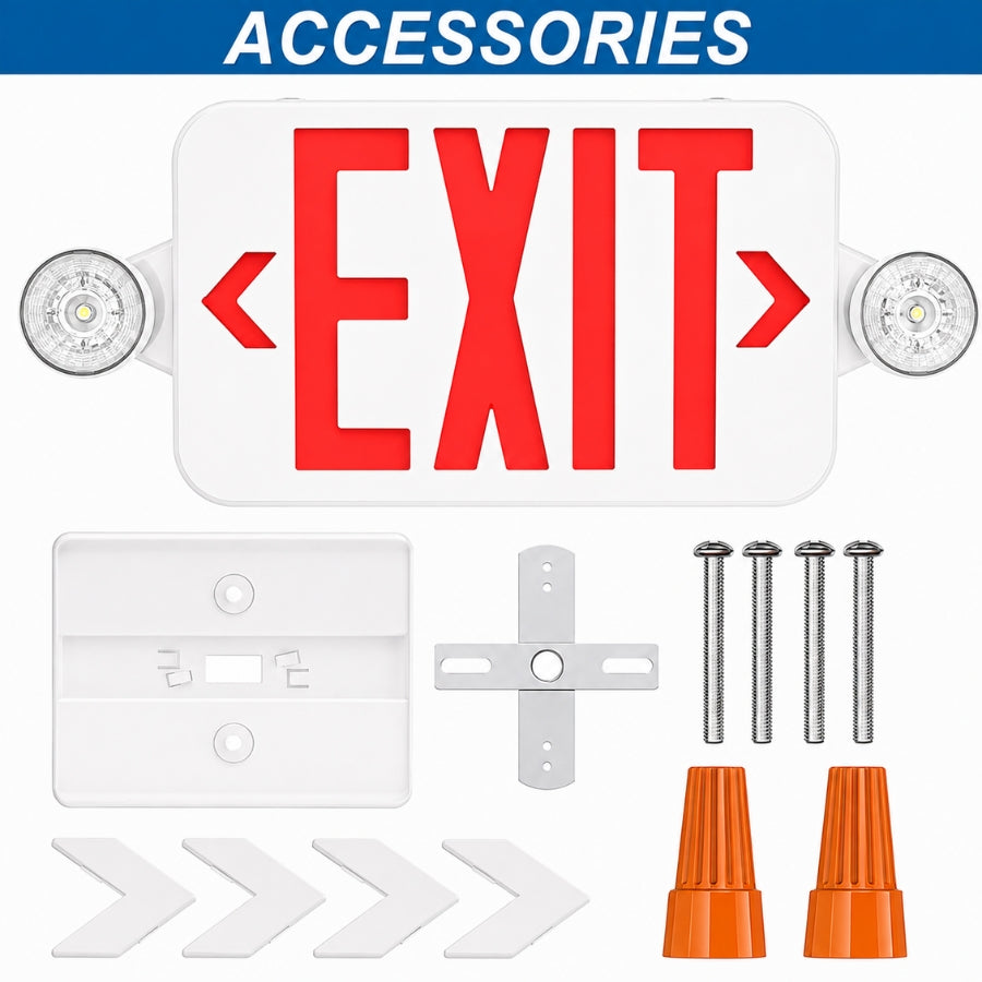 Exit sign accessories set on a white background, including a white rectangular sign with large red EXIT lettering, two round light fixtures, a mounting bracket, four mounting screws, four white arrow decals, and two orange cone-shaped connectors. A blue banner at the top reads ACCESSORIES.