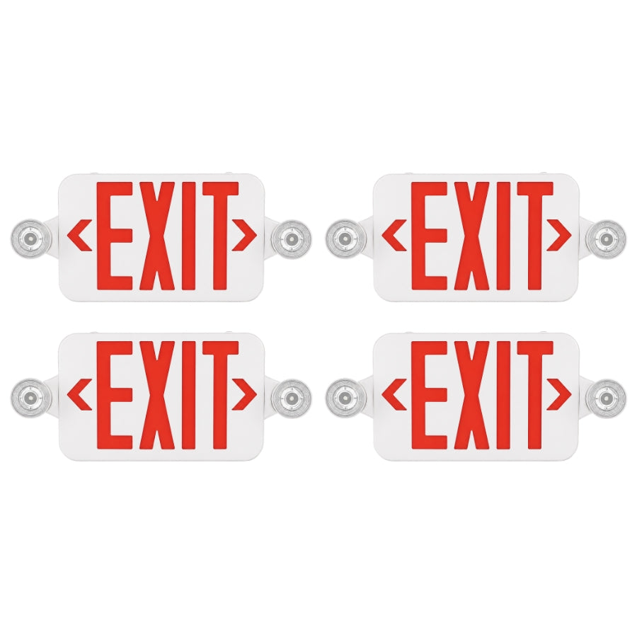 Four white rectangular emergency exit signs with red 'EXIT' text and silver metal mounting hardware, arranged in a 2x2 grid on a white background. led exit sign with emergency lights at upgradetoled.com