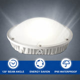 A white dome-shaped LED light fixture shown on a dark gray gradient background with three feature icons and text below: 120° beam angle, energy savion, and IP65 waterproof.