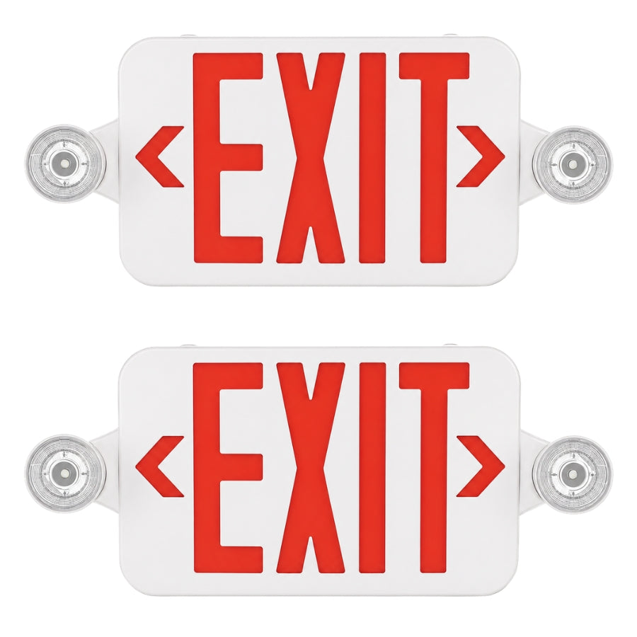 Two white emergency exit signs with bold red 'EXIT' lettering and arrow symbols, shown on a plain white background.