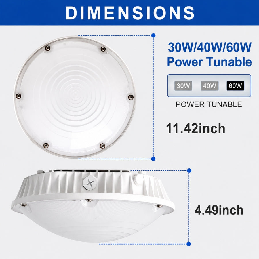 A dimension diagram of a white adjustable dome LED light fixture, showing top and side views with measurements labeled 11.42 inch and 4.
