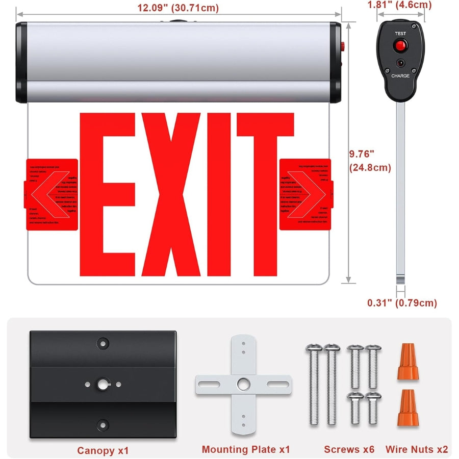 Emergency exit sign set with red EXIT lettering on a white rectangular panel, shown with a black control unit, canopy, mounting plate, screws, and wire nuts on a light gray background with dimension labels.