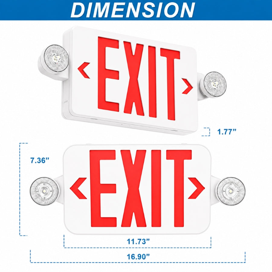 White emergency exit sign with red 'EXIT' lettering and two silver side lights, shown with dimension labels and dashed measurement lines on a white background. self powered exit signs at upgradetoled