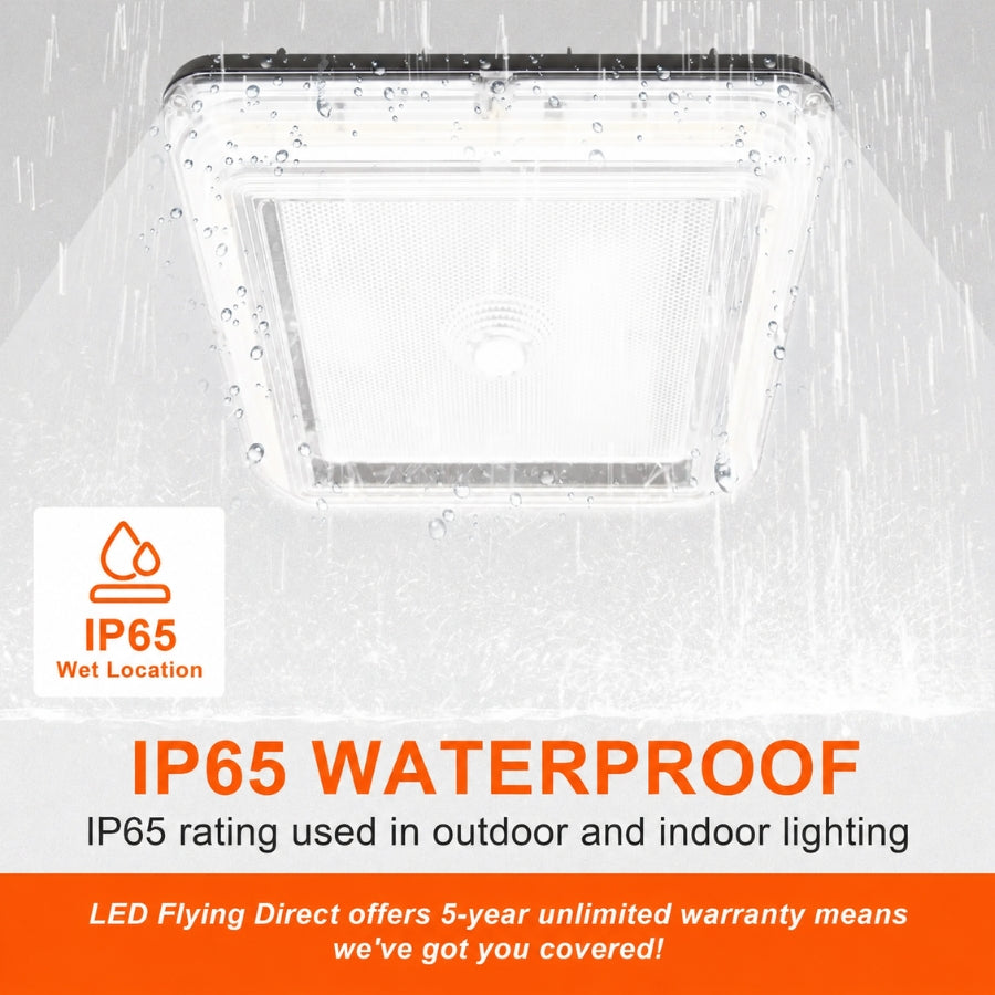 A square waterproof LED ceiling light fixture shown under falling rain with water droplets, featuring promotional text for IP65 waterproof rating and a 5-year warranty.