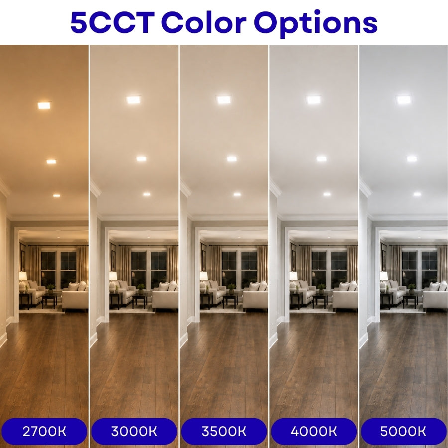 A comparison graphic showing five room interior scenes with recessed lighting, labeled '5CCT Color Options' at the top and color temperature labels '2700K', '3000K', '3500K', '4000K', and '5000K' at the bottom. The panels demonstrate how the same room looks under different warm-to-cool white light color temperatures.