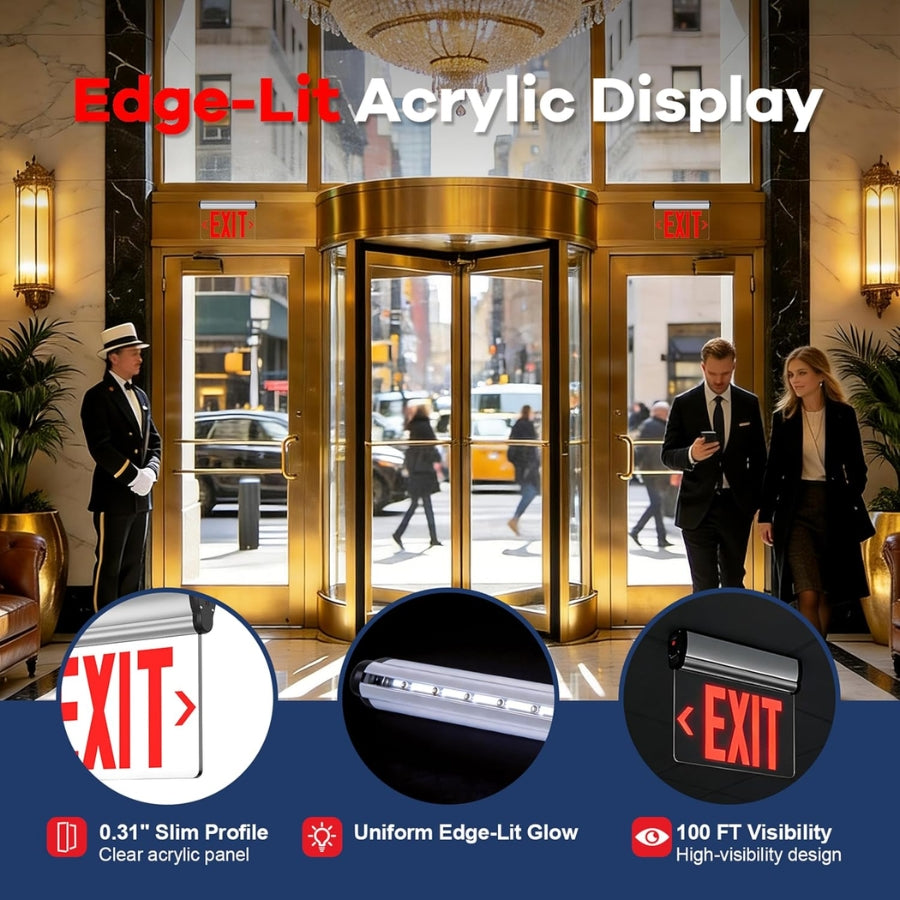 Edge-Lit acrylic exit display signs shown in a revolving-door entrance lobby scene, with feature callouts and close-up circular insets explaining slim profile, uniform edge-lit glow, and high visibility.