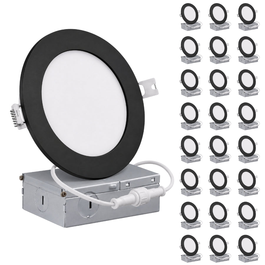 A pack of recessed LED ceiling light canisters shown on a white background, featuring one large open fixture with a black circular frame, silver metal housing, white cord, and a grid of smaller identical units on the right.