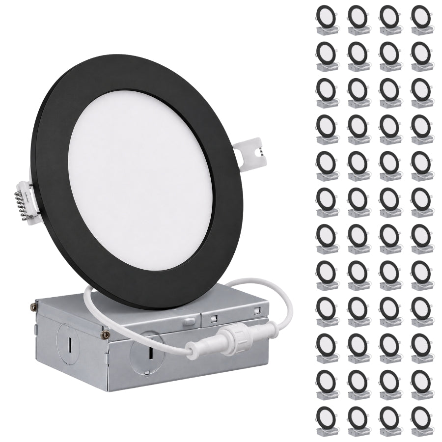 A black recessed LED ceiling light shown mounted on a silver metal junction box with a white cord, alongside a grid of many identical light units on a white background.