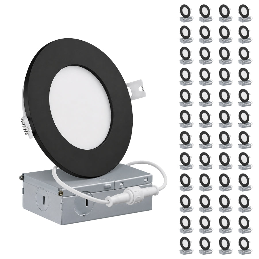A black circular recessed LED light with a white diffuser, mounted on a silver metal junction box with a white wire. On the right, a grid of smaller identical units shows the included quantity.