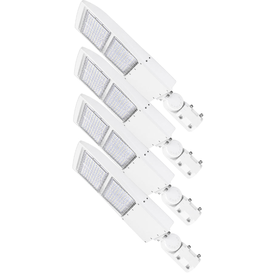 Four white outdoor LED street light fixtures arranged diagonally on a plain white background.