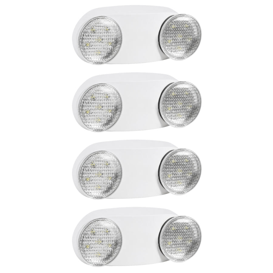 Four white dual-head LED security lights arranged vertically on a plain white background.