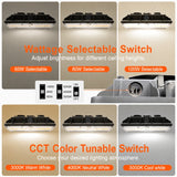 A product infographic showing a ceiling-mounted rectangular light fixture in six panels, with text explaining wattage selectable switches (60W, 80W, 100W) and CCT color tunable switches in warm white, neutral white, and cool white. A small inset shows a switch control diagram.