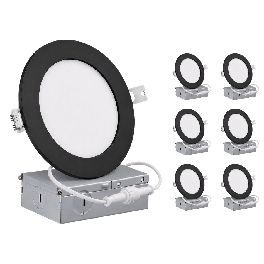 A black circular recessed LED light fixture shown mounted on a silver metal junction box, with six smaller duplicate views of the same fixture arranged to the right on a white background.