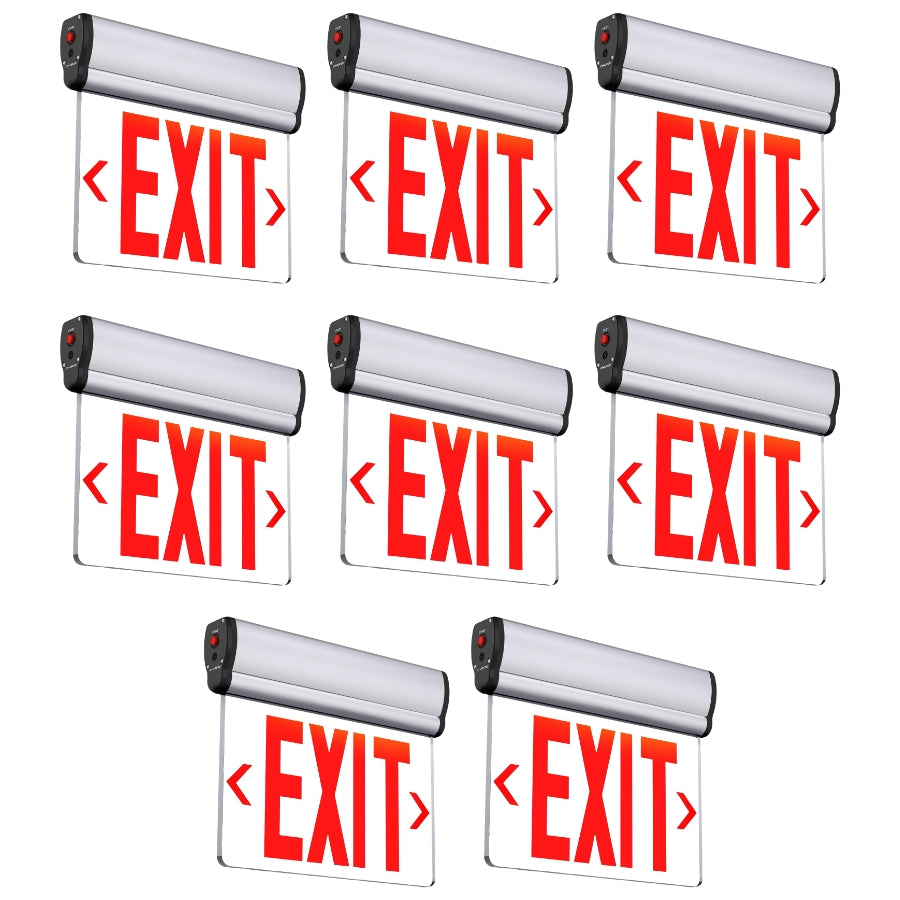 eight emergency exit signs with illuminated red 'EXIT' text on clear panels, shown on a plain white background.