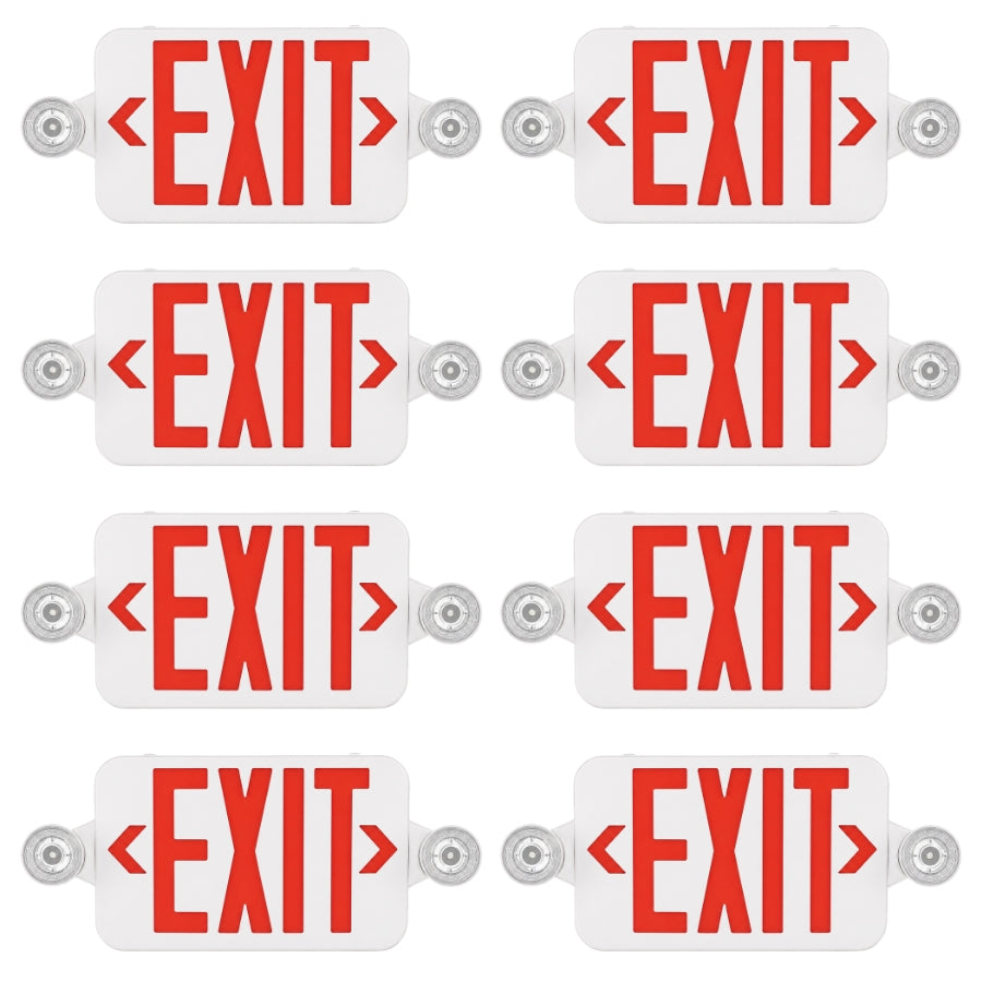 Eight white emergency exit signs with red '<EXIT>EXIT>' text and silver mounting hardware, arranged in a 2x4 grid on a white background. upgradetoled 8 pack exit emergency combo