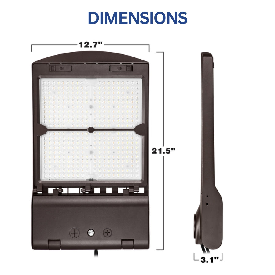 A technical diagram showing the dimensions of the LED fixture, measuring 12.7 inches wide, 21.5 inches long, and 3.1 inches deep.