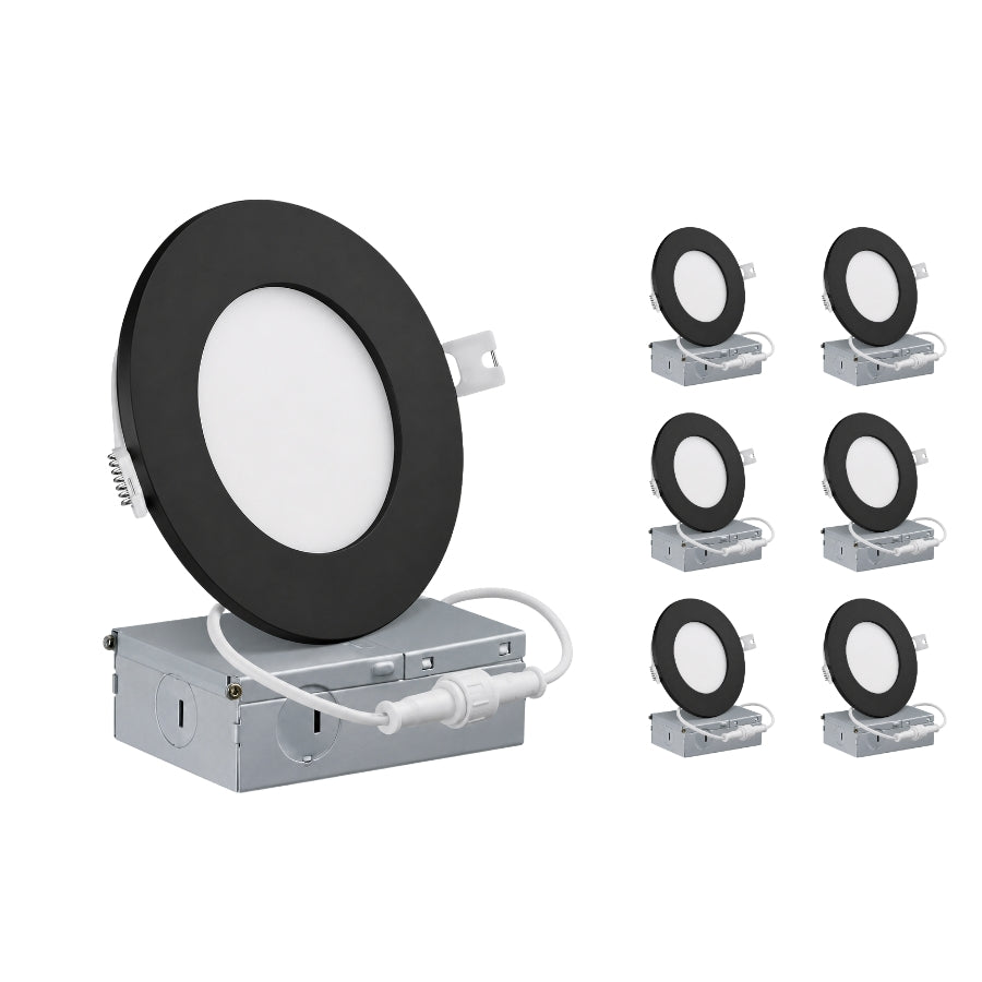 A black recessed LED downlight shown mounted on a silver metal junction box, with six smaller duplicate views arranged to the right on a plain white background.