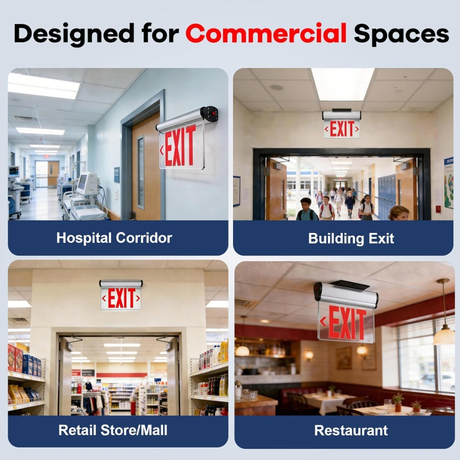 A four-panel promotional graphic showing wall-mounted exit signs installed in different commercial environments: a hospital corridor, a building exit, a retail store/mall, and a restaurant. Large text at the top reads 'Designed for Commercial Spaces.