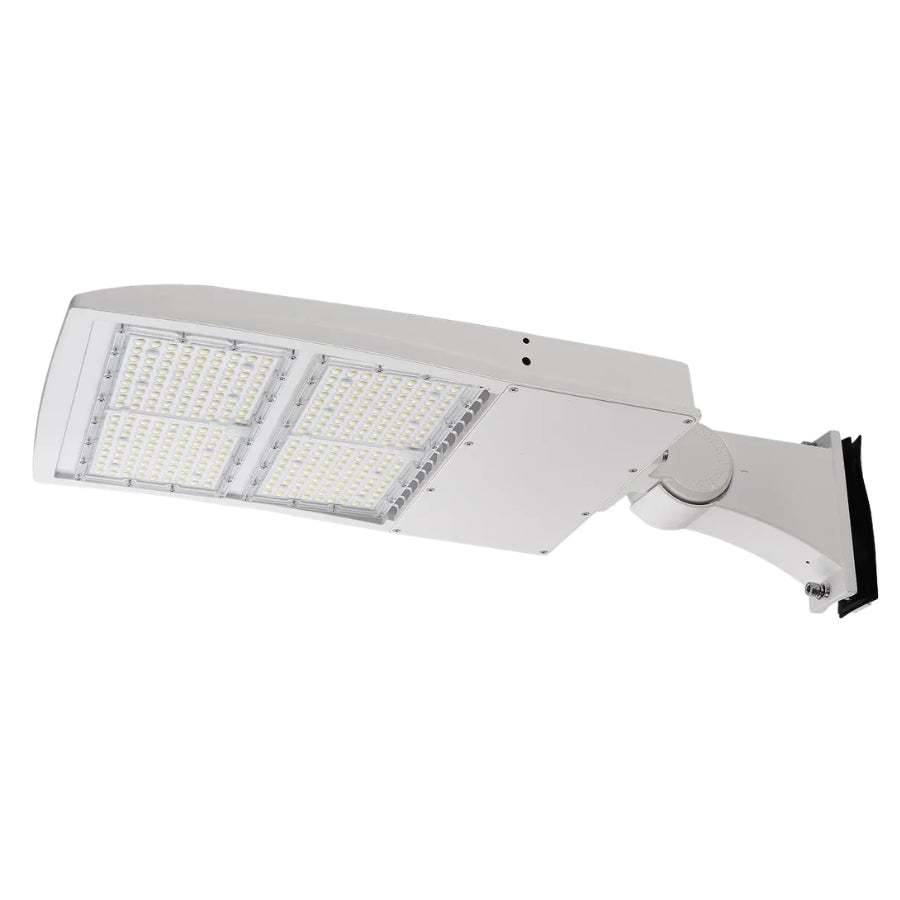 A modern white LED street light with a long rectangular housing, two illuminated LED panels, and a mounting bracket, shown against a plain white background.